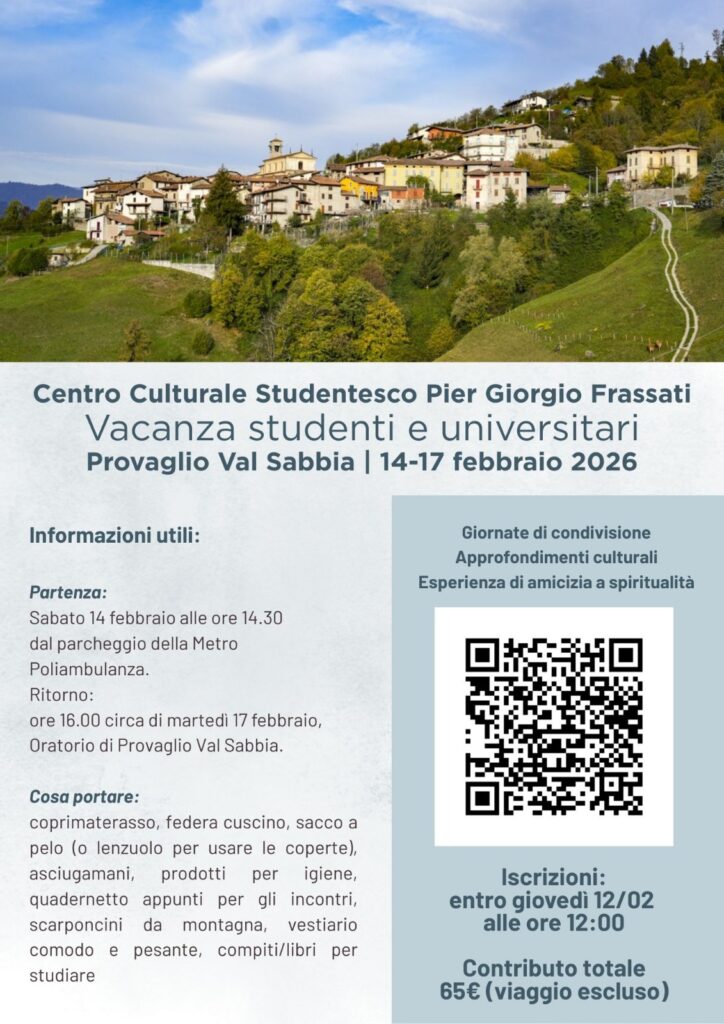 Locandina della vacanza per studenti e universitari a Provaglio Val Sabbia dal 14 al 17 febbraio 2026