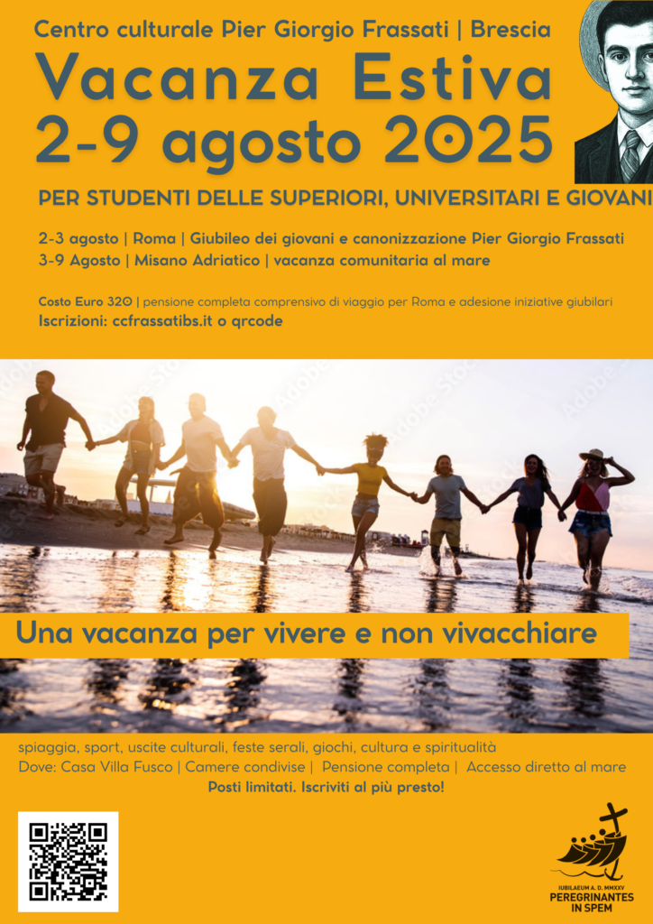 Locandina della vacanza estiva 2025 a Roma e Misano Adriatico, dal 2 al 9 agosto, con giovani che corrono sulla spiaggia