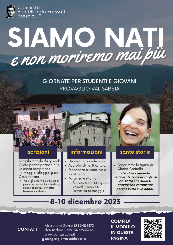 Locandina delle giornate «Siamo nati e non moriremo mai più» per studenti e giovani a Provaglio Val Sabbia, 8-10 dicembre 2023