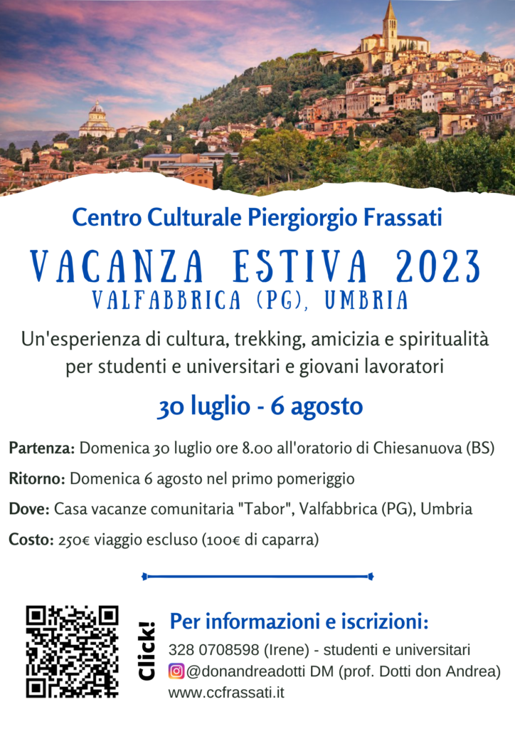 Locandina della vacanza estiva 2023 a Valfabbrica, in Umbria, dal 30 luglio al 6 agosto