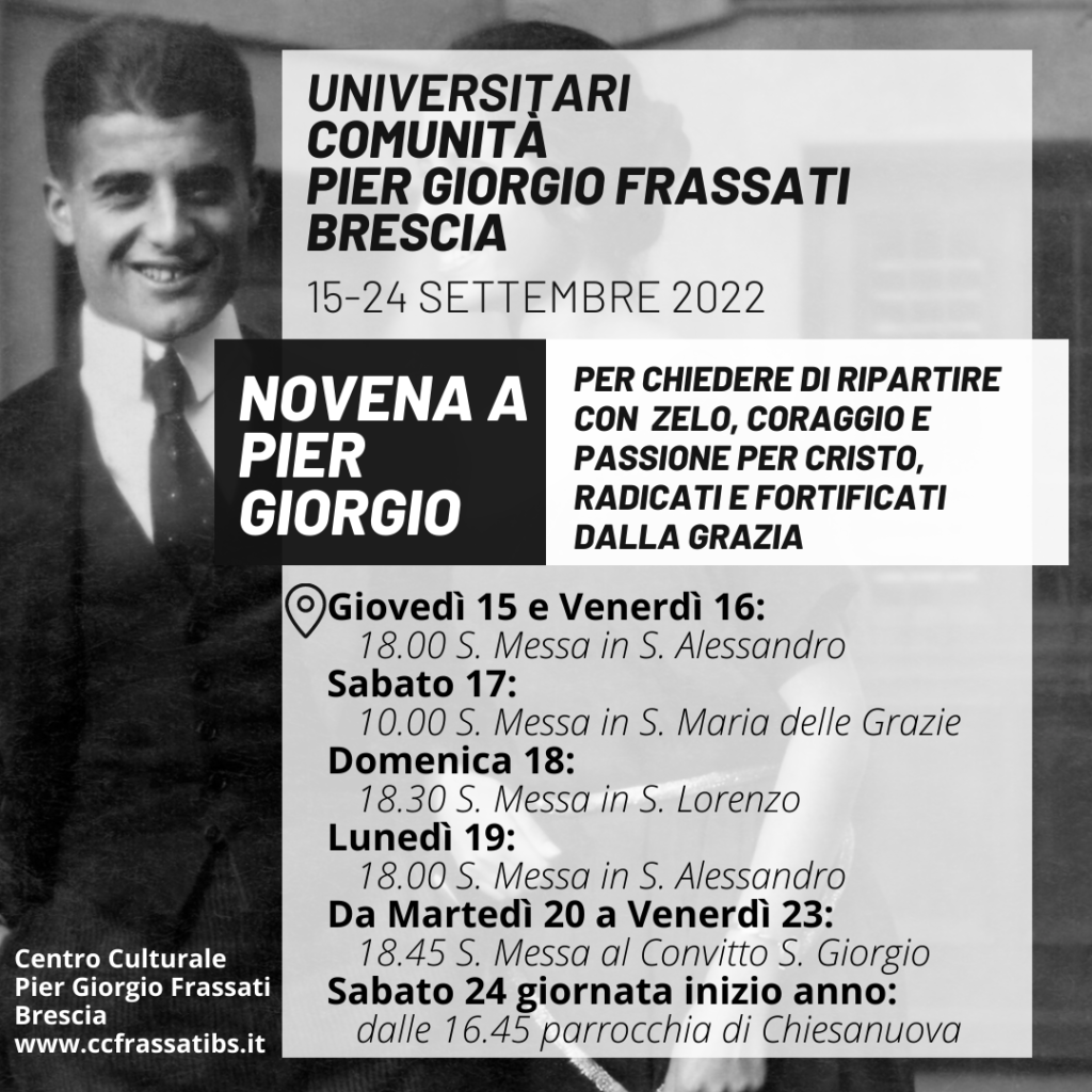 Locandina della novena a Pier Giorgio Frassati degli universitari, dal 15 al 24 settembre 2022, con il suo ritratto