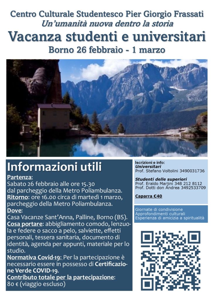 Locandina della vacanza per studenti e universitari a Borno, dal 26 febbraio al 1° marzo 2022