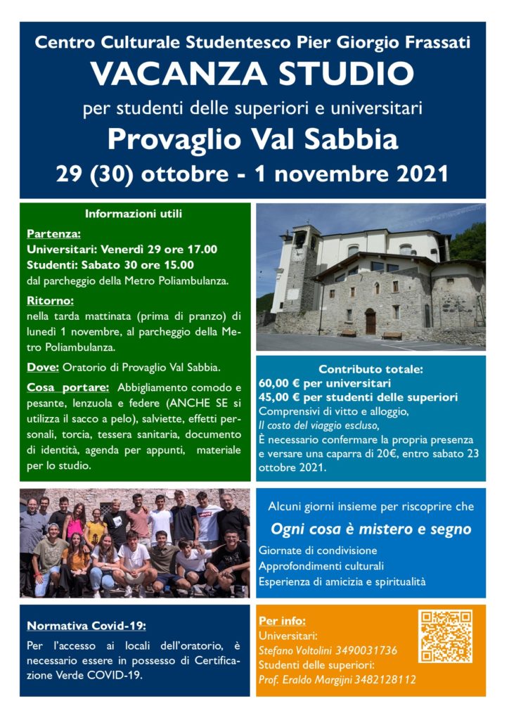 Locandina della vacanza studio a Provaglio Val Sabbia dal 29 ottobre al 1° novembre 2021