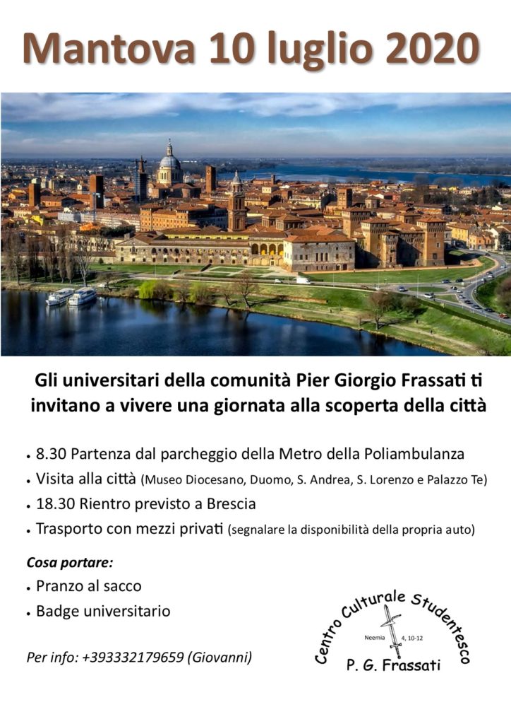 Locandina della giornata degli universitari a Mantova il 10 luglio 2020, con una veduta della città