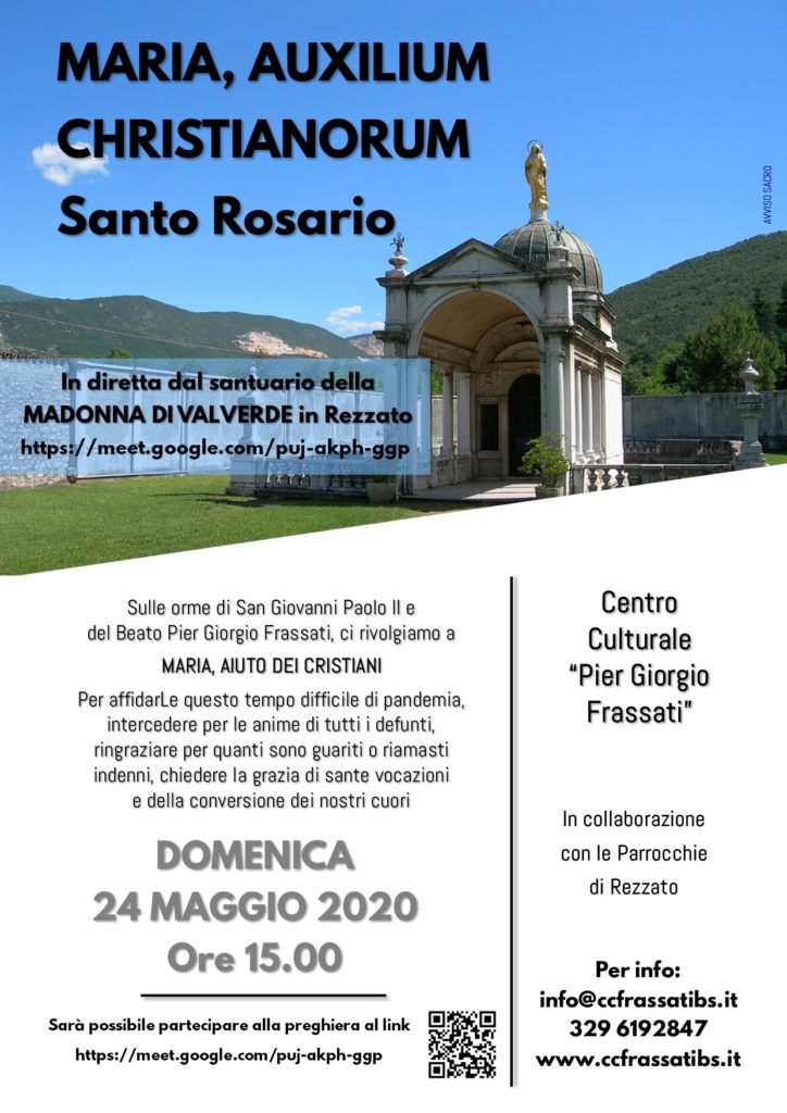 Locandina del Santo Rosario «Maria, Auxilium Christianorum» in diretta dal santuario della Madonna di Valverde, 24 maggio 2020