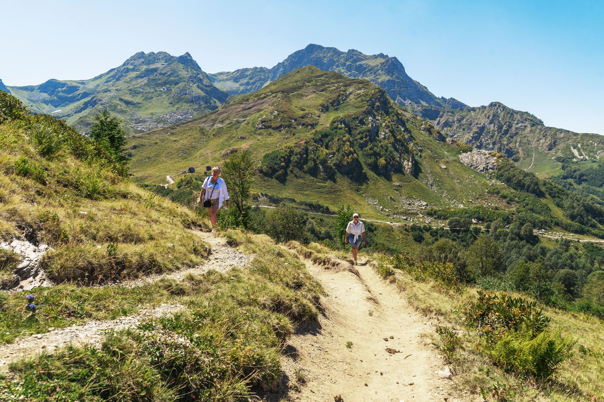 Escursionisti su un sentiero di montagna tra prati e cime